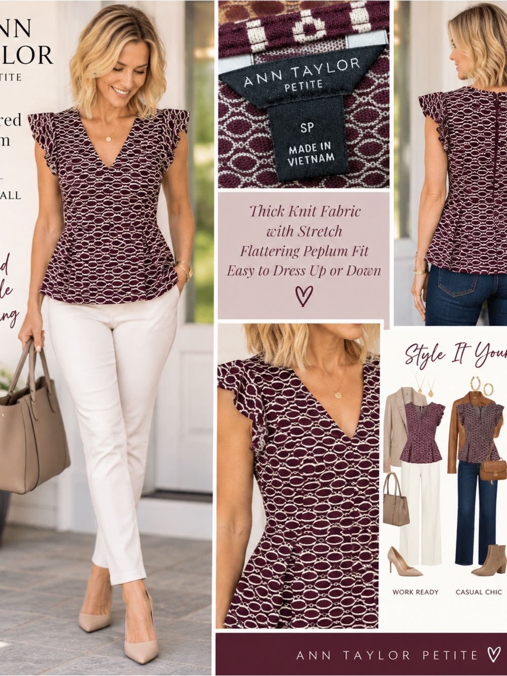 Ann Taylor Petite Burgundy Geometric Peplum Top